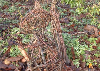 Woven willow squirrel at Willows Nursery. Woven willow bulrush decorations using corn dolly weave at Willows Nursery. Buy willow to make.