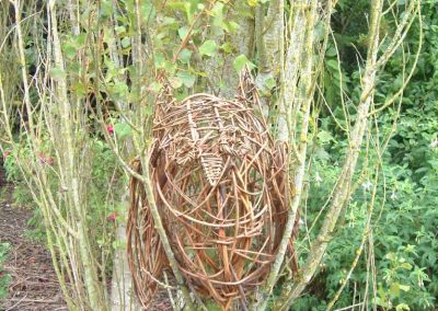 Woven willow owl in a tree at Willows Nursery. Woven willow bulrush decorations using corn dolly weave at Willows Nursery. Buy willow to make.